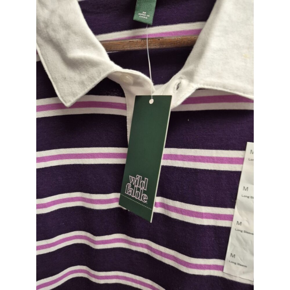 Remove Purple White Striped Unisex Rugby Polo Shirt - Picture 3 of 6